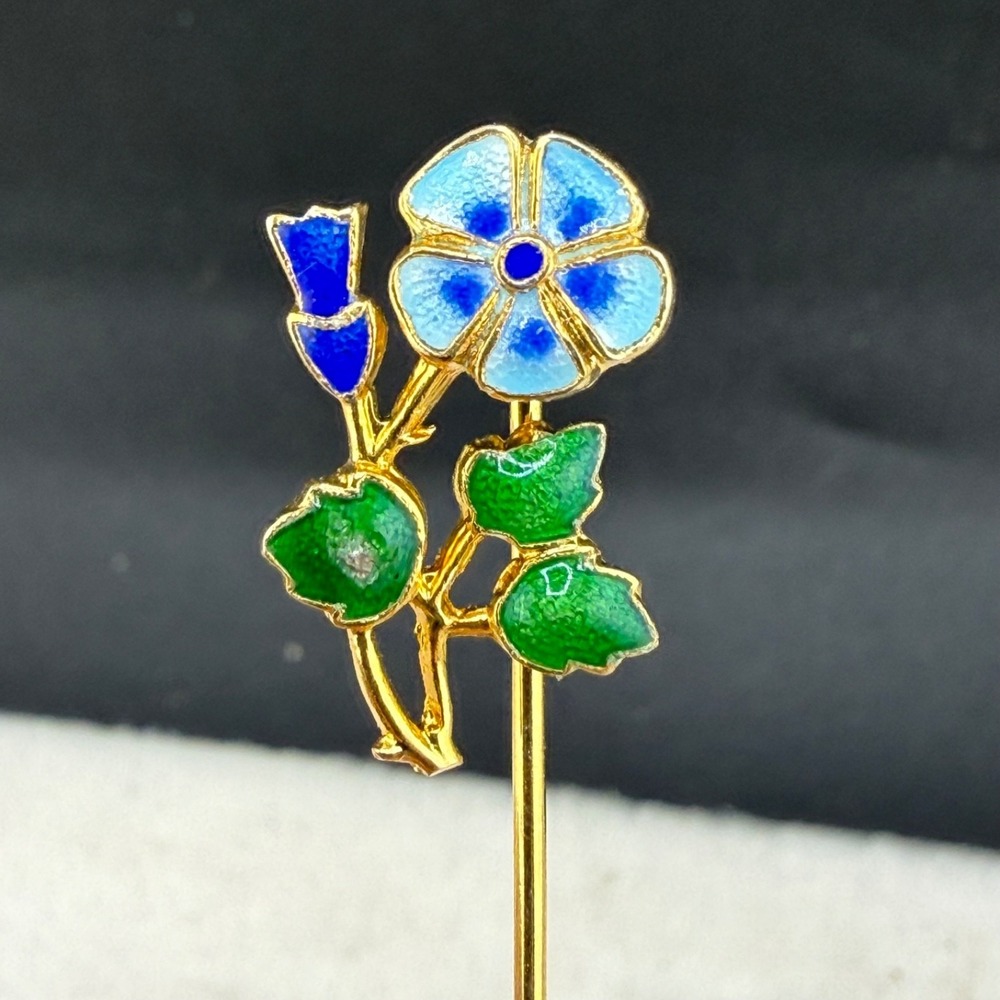 Vintage Enamel Stick Pin Blue Flower Gold Tone